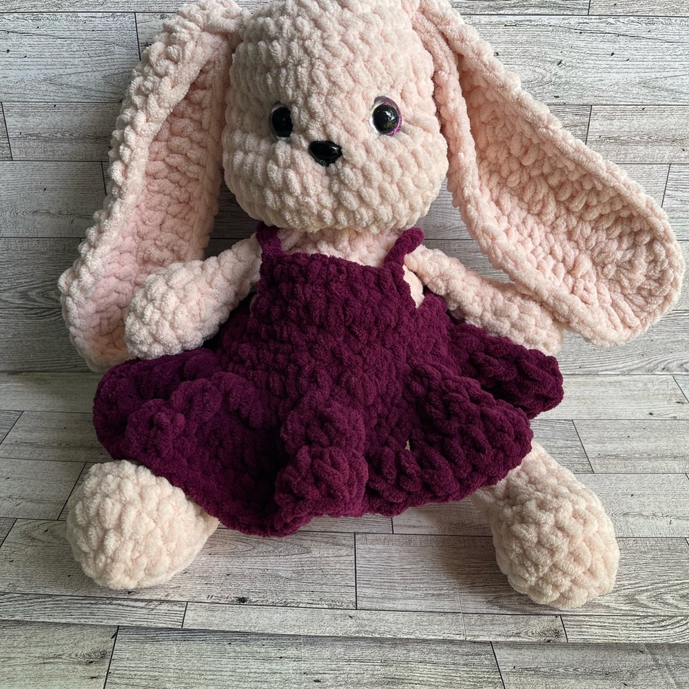 Plush Bunny with Burgundy Dress Crochet Handmade Toy